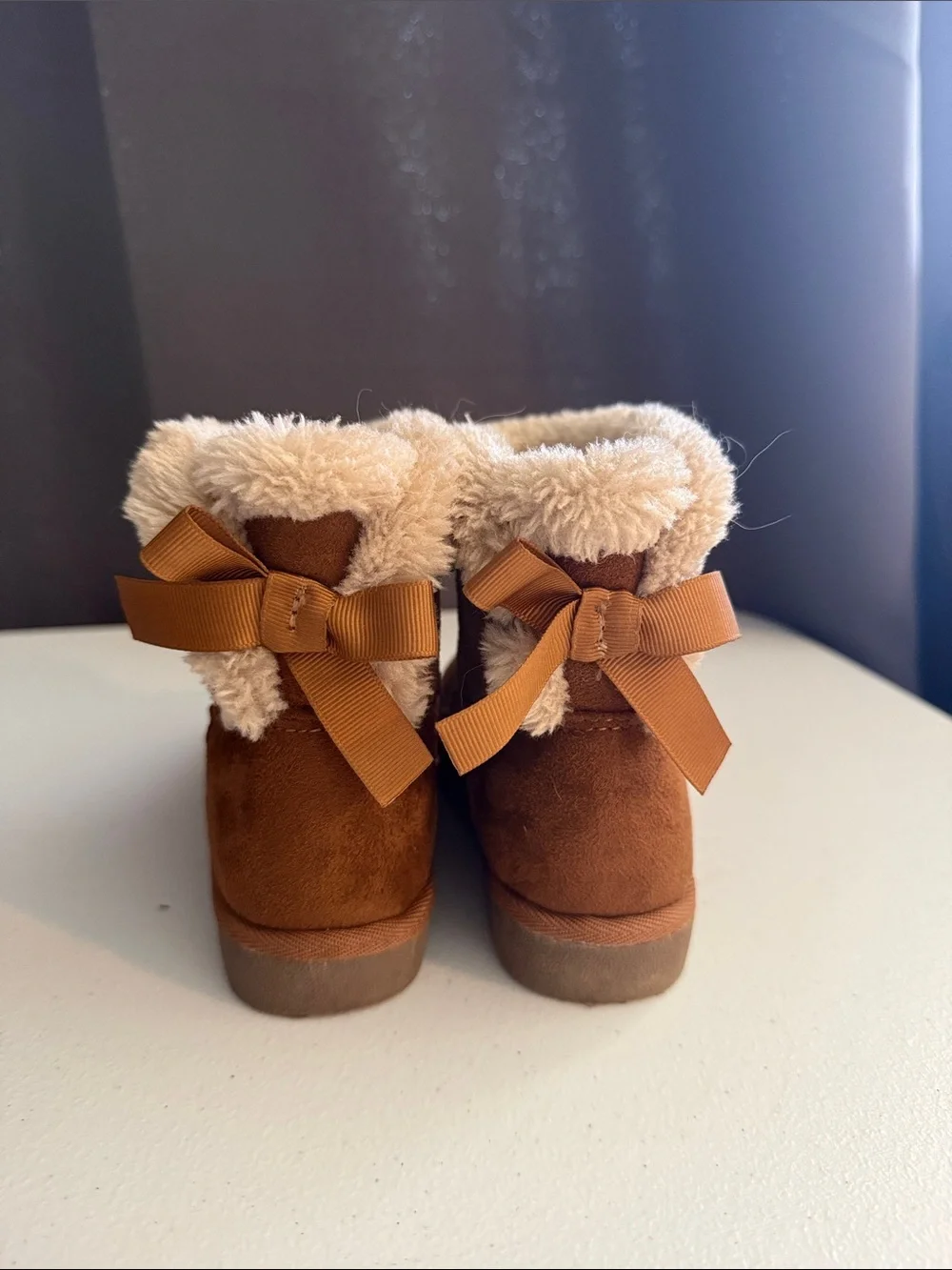 Kids Faux-Suede Shearling Ankle Boots with Bow - Brown